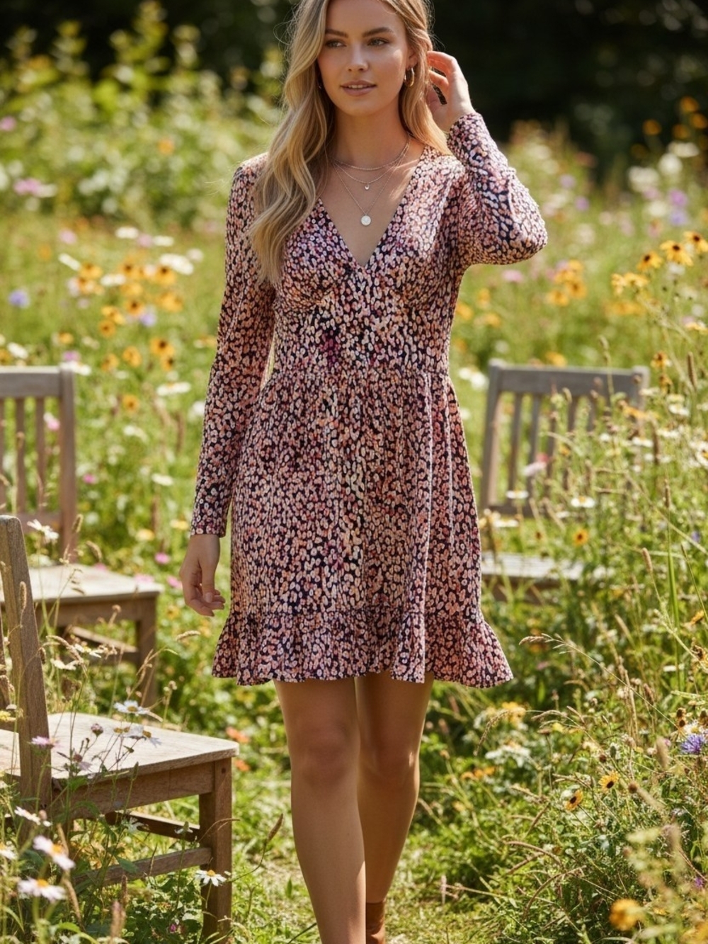 V-Neck Long Sleeve Pink Printed Ruffle Hem Dress Size LARGE